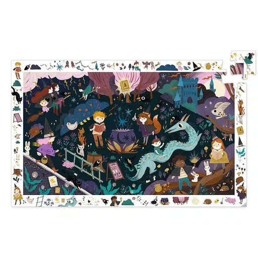 Image of the finished puzzle. It is a scene of many apprentices working to increase their magical skill in the forest near a castle. On the outside is a white border holding different elements that can be spotted in the puzzle.