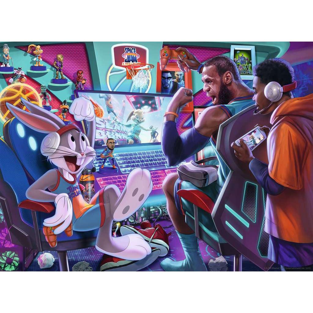 Puzzle image | Bugs Bunny, Lebron James, and his son all sit in a colorful room with a large computer setup. | Lebron and Bugs look at each other excitedly about a videogame. | Space Jam merchandise is on the wall.