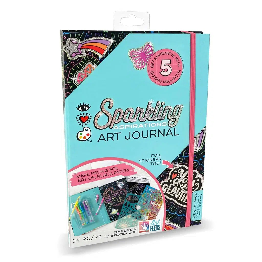 this image shows the cover for the sparkling aspirations art journal. the image shows the foil stickers, journal, and the sparkling pens that are included