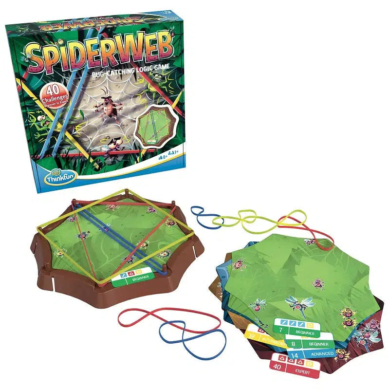 Game box: Image of cartoon cockroach in the middle of a spider web bordered by colorful rubber bands and other cartoon insects. | Game board is brown and shaped like a spider web, game challenges are green cards with cartoon insects that fit into the game board. | Variety of colorful bands.