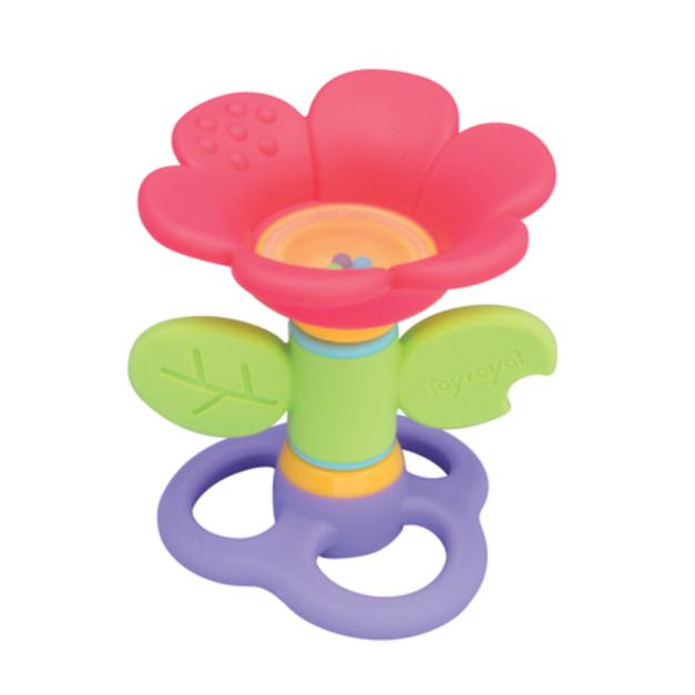 Image of the Spinning Flower Teether. The flower has a purple root base with big handles, a green spinning leaf stem, and a pink rubber flower with rattling beads in the center.