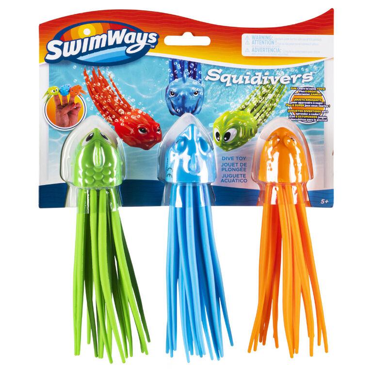 three squid shaped toys are in blister packaging. The packaging reads: Smiways squid-divers.