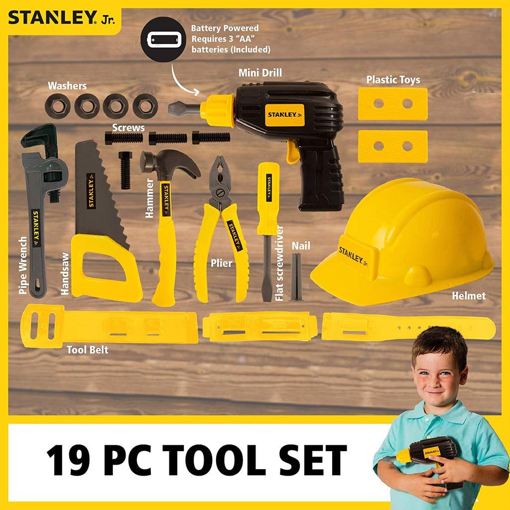 Image of all the included tools outside of the packaging. It includes a helmet, a drill, a tool belt, pliers, screwdrivers, a hammer, a saw, a wrench, screws, and bolts.