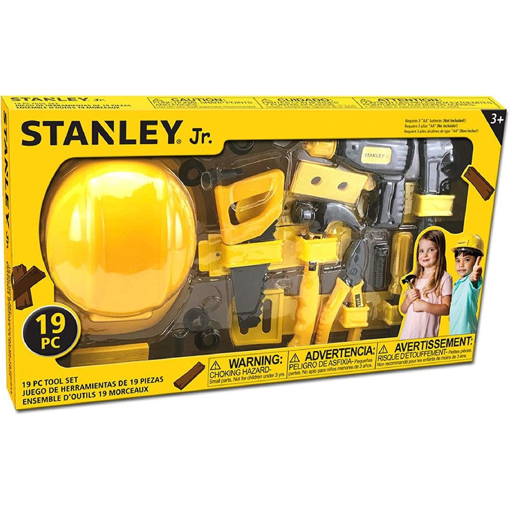 Image of the packaging for the Stanley Jr. Play Tool Set. The front is made of clear plastic so you can see the included pieces inside.