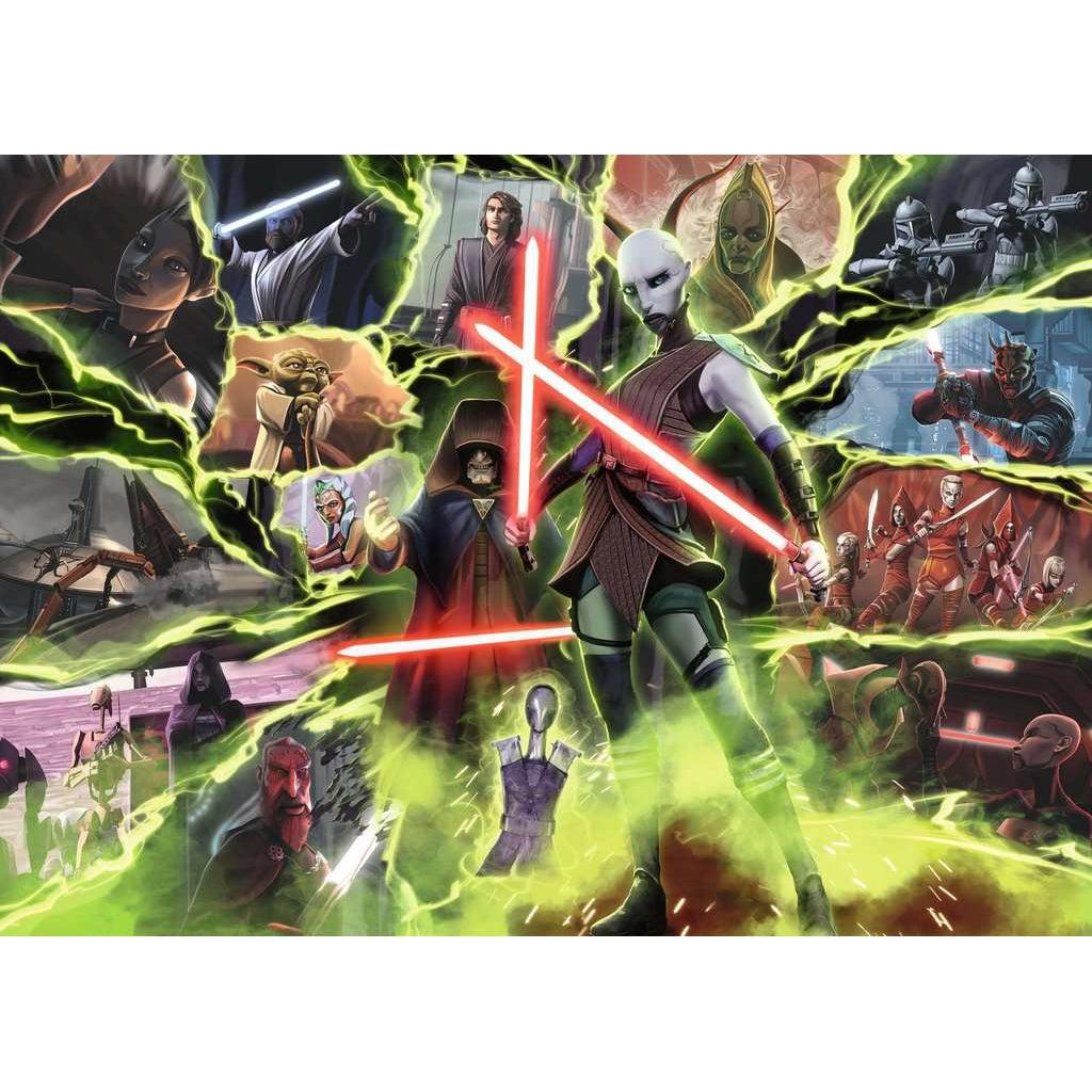 The puzzle shows asajj ventress with both lightsabers out standing in front of a variety of scenes from the clone wars animated series shown on cracked shapes surrounded by sickly green fog and lightning