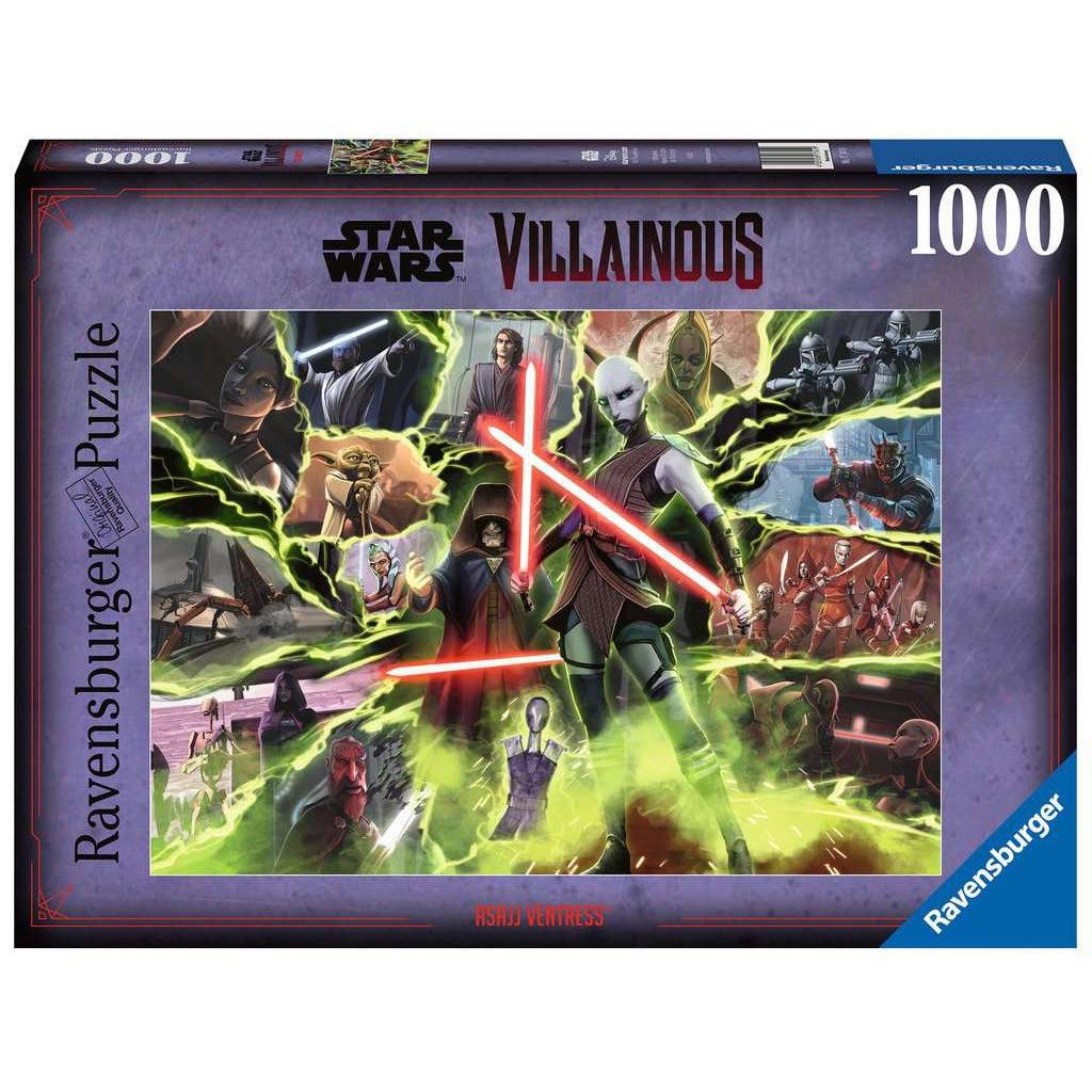 The puzzle box has the star wars villainous logo across the top, ravensburger logo in bottom right, and puzzle title "asajj ventress" across the bottom | puzzle image in center described on next image