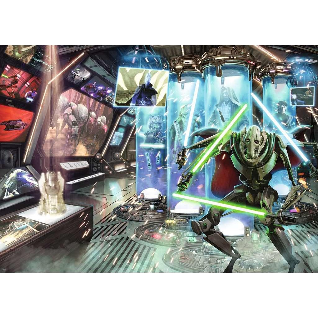 The puzzle image shows general grievous with 4 lightsabers standing in front of holigram containment fields holding anakin, kit fisto, ahsoka, and obi-wan | there are also screens showing star wars separatist forces and count dooku