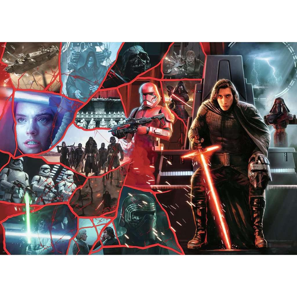 The puzzle image displays kylo ren with his helmet off and lightsaber out sitting on palpatines throne in exegol | various images from the new trilogy are in shattered shapes separated by red lines covering the left side of the image