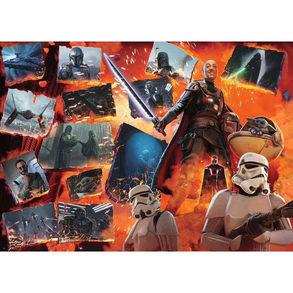 Moff Gideon holding the dark saber stands to the right side of the puzzle image, the child in his floating carrier and 2 storm troopers are in front of him near his feet | images from the mandelorian are on shattered fragments of stone surrounded by lightsaber sparks and explosions