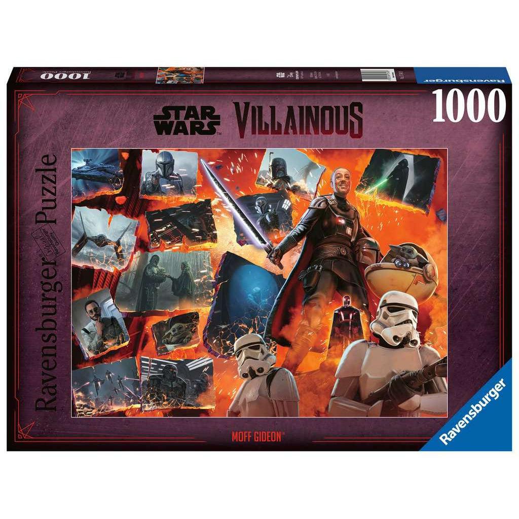 Puzzle box has the star wars villainous logo across the top, ravensburger logo in bottom left corner, and title "Moff Gideon" along the bottom | puzzle image in center described on next image