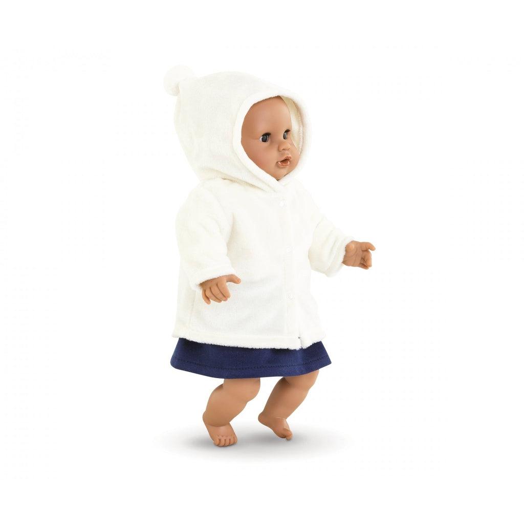 A doll is shown wearing the jacket and a blue skirt underneath that is not included in this product.