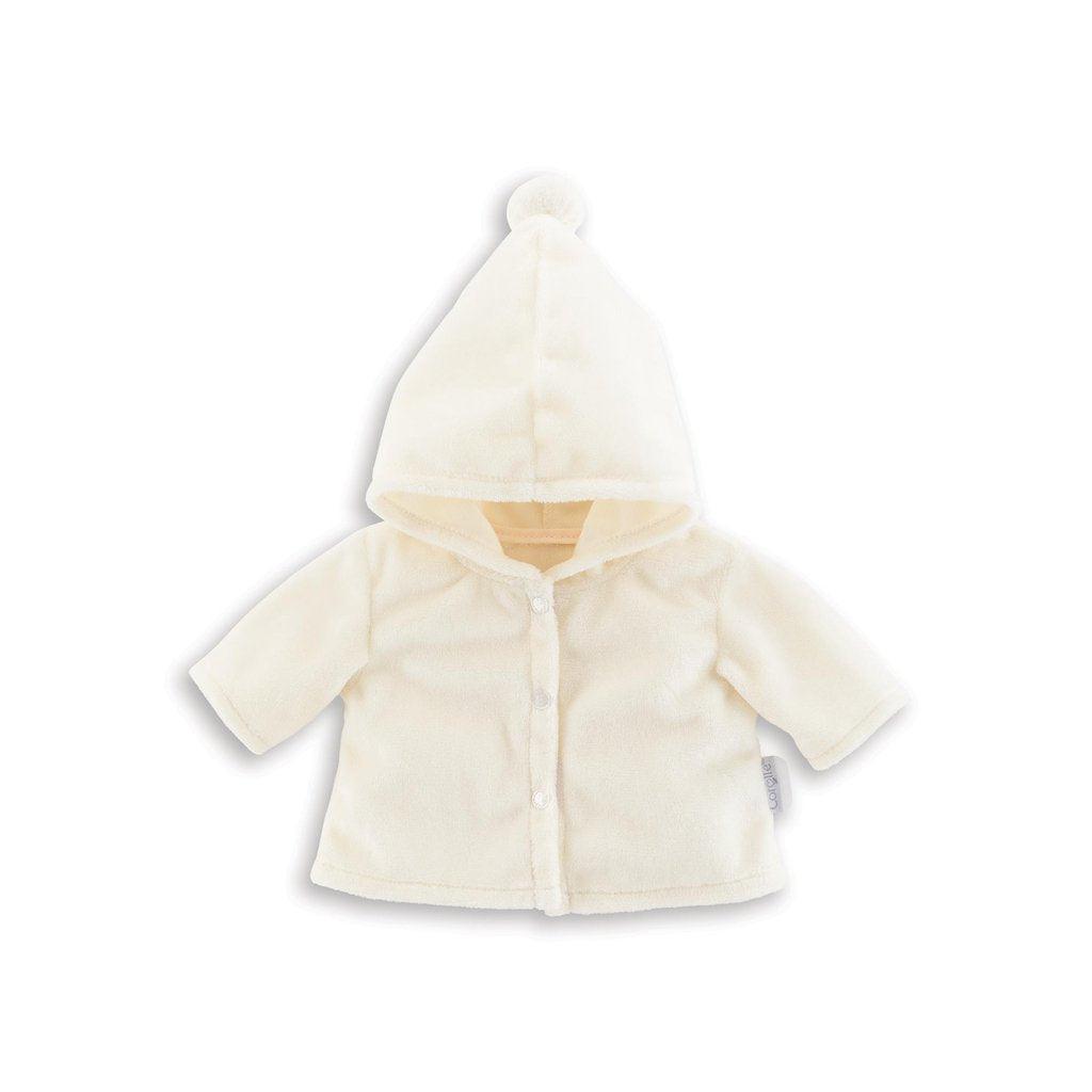 The coat is a creamy white color with a white pom pom on the top of the hood