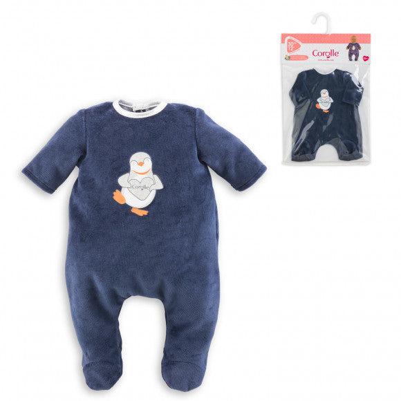 The clothes consist of a onesie made out of a navy blue cloth with a little white penguin on the front holding a heart. Comes packaged in a clear flat plastic bag with a hanger on top.