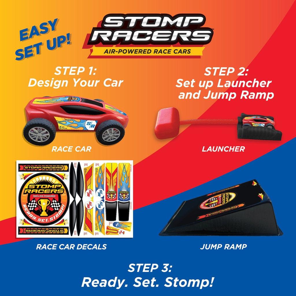 Step 1: design your car. Set 2: Set up launcher and jump ramp. Step 3: Ready, Set, Stomp! Each step is next to an image of what the step mentions.