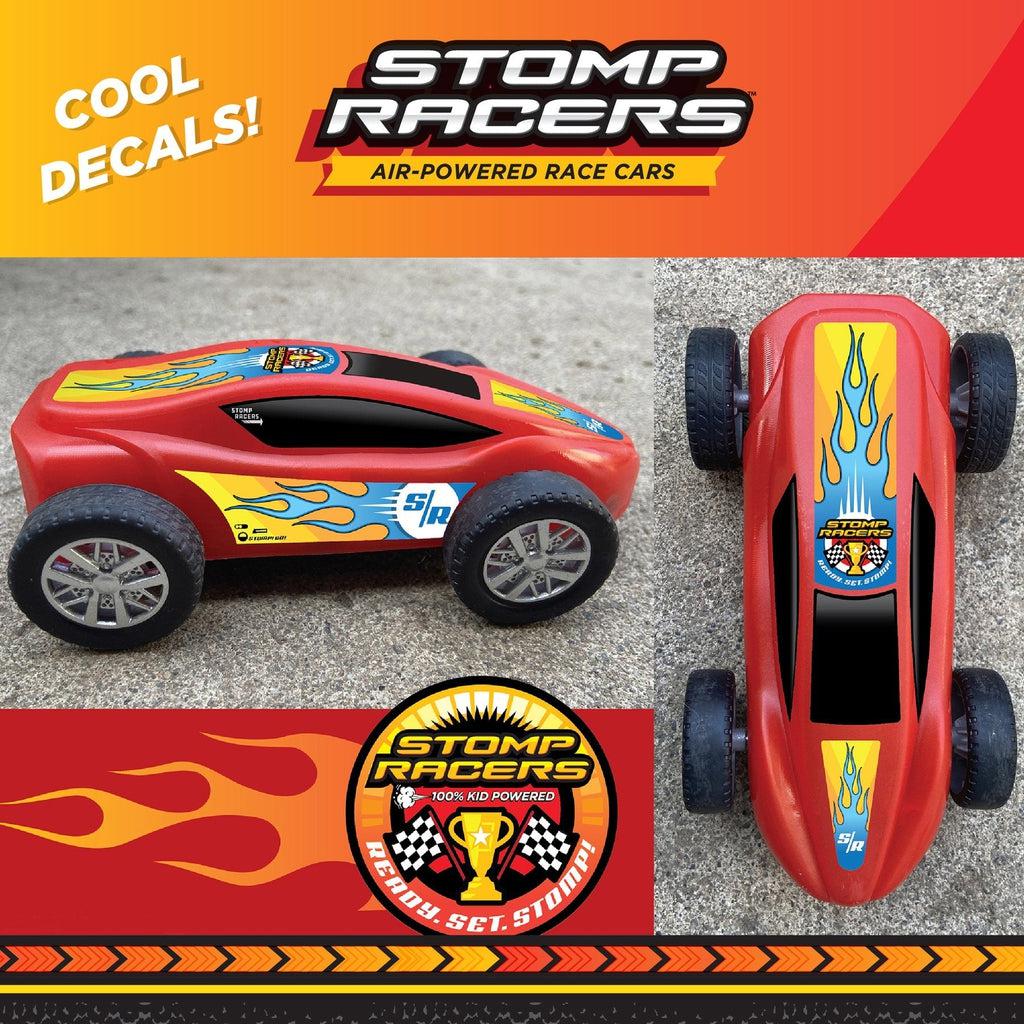 Border reads: Cool Decals! Stomp racers: Air powered race cars. Images show the car with decals of blue flames on a yellow background on the side, the top, and the hood of the car.