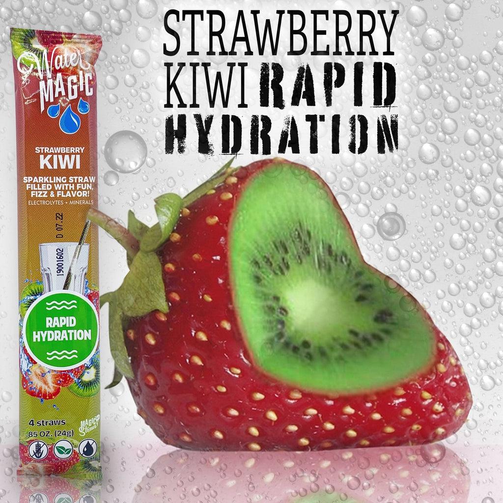Large text at the top reads: Strawberry Kiwi Rapid Hydration. A package of straws is to the left of a strawberry with a chunk taken out revealing the inside of a Kiwi in the strawberry.