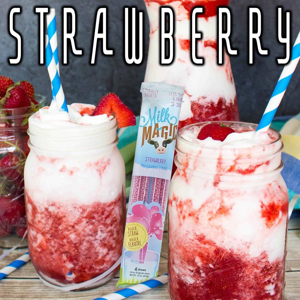 Package of milk magic straws surrounded by jars of Strawberries and cream, large text at the top reads Strawberry