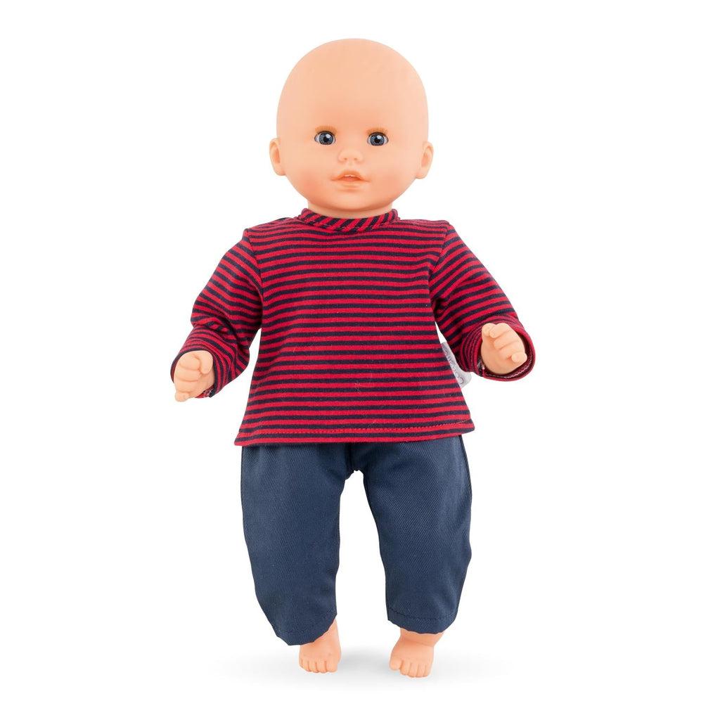 A baby doll is shown wearing the pants and stripped shirt.
