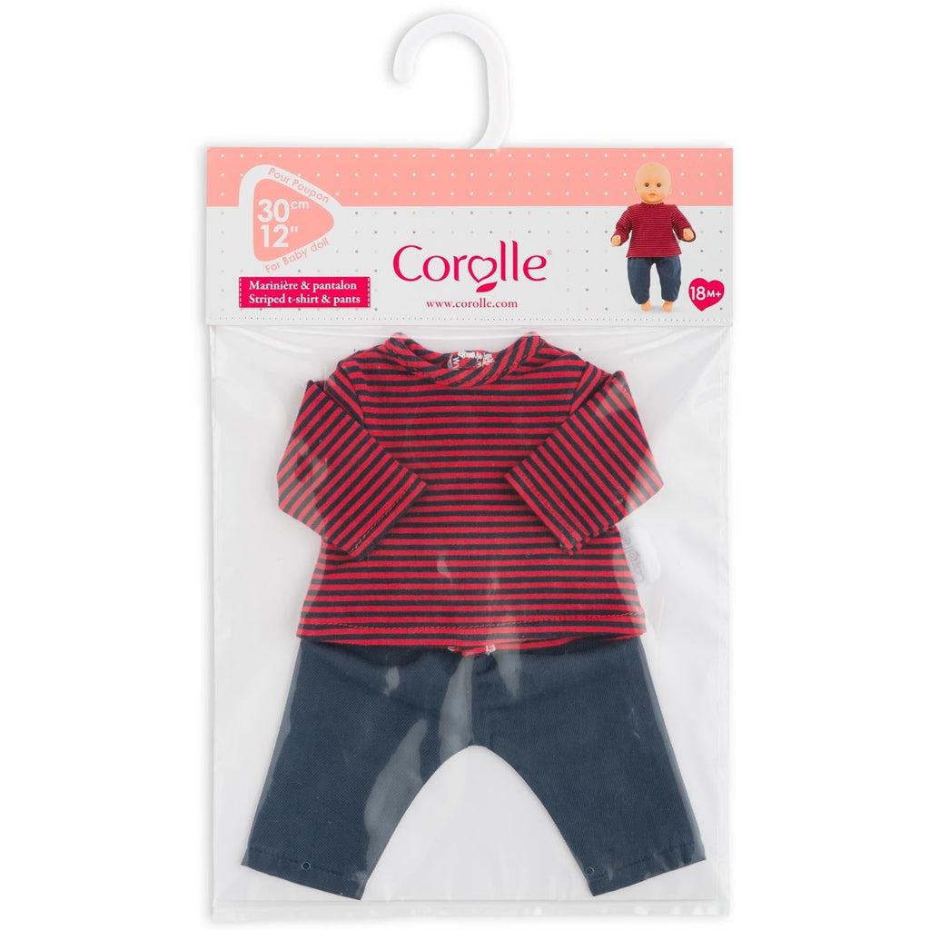 The pants and stripped shirt doll clothes come in a flat plastic bag with a hanger on top.