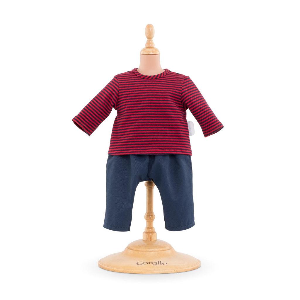The clothes consist of a red long sleeved shirt with black horizontal stripes along it, and dark blue pants.