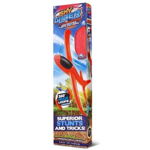 The packaging displays a glider flying on it's side through the air above a deck. The box reads: Sky Glider, 360 huge loops, superior stunts and tricks.