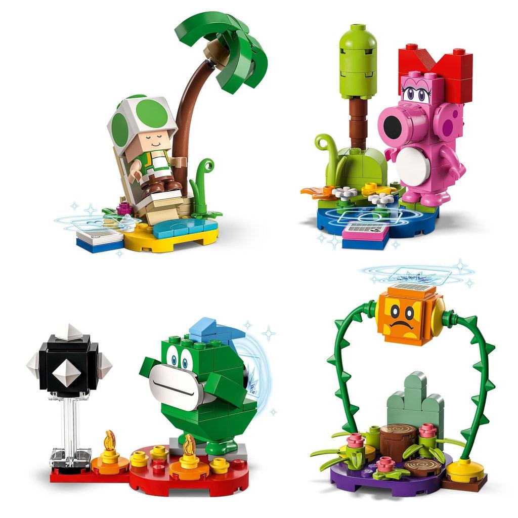first 4 options are shown | Top Left a green toad with a beach chair and palm tree | TR: toadette stands on a grassy block with a thin tall tree | BL: a spike on firey ground throwing a spikey black ball | BR: a bramball standing up tall above a poison swamp block with lego stumps in it