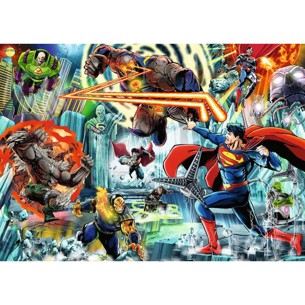 Puzzle image | Comic book villains from the Superman franchise all face Superman ready to attack | Superman stands lunging ready to defend.