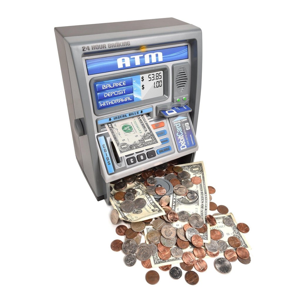 this image shows a talking atm, there is fake money and coins spilling out of the machine