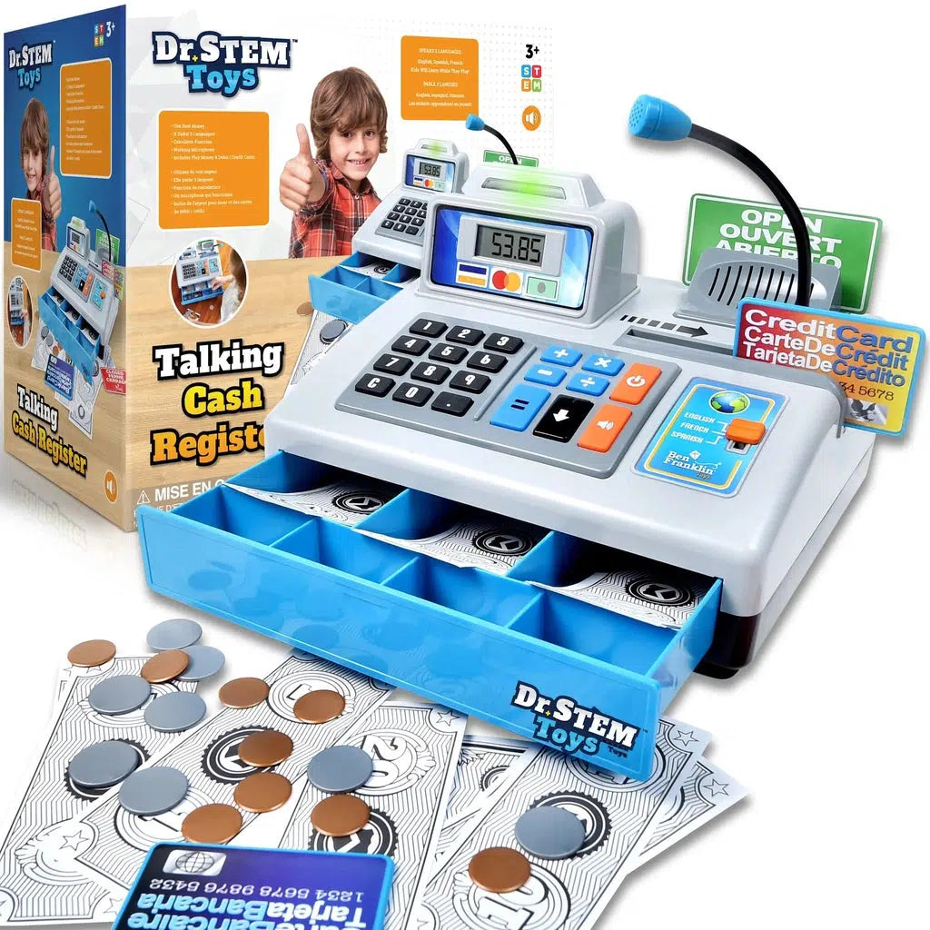 Image of the packaging for the Talking Play Cash Register by Thin Air. The front of the box has a picture of a little boy holding a thumbs up behind the register.