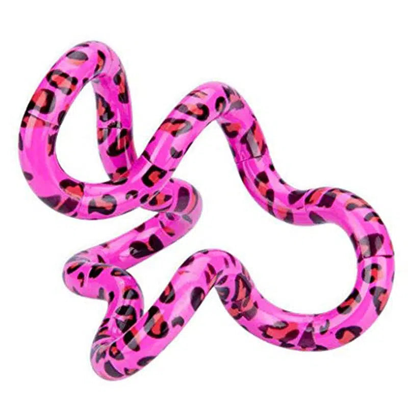 A cheetah print tangle, though rather than shades of brown, the spots are red with black edges, and the backing color is a hot pink.