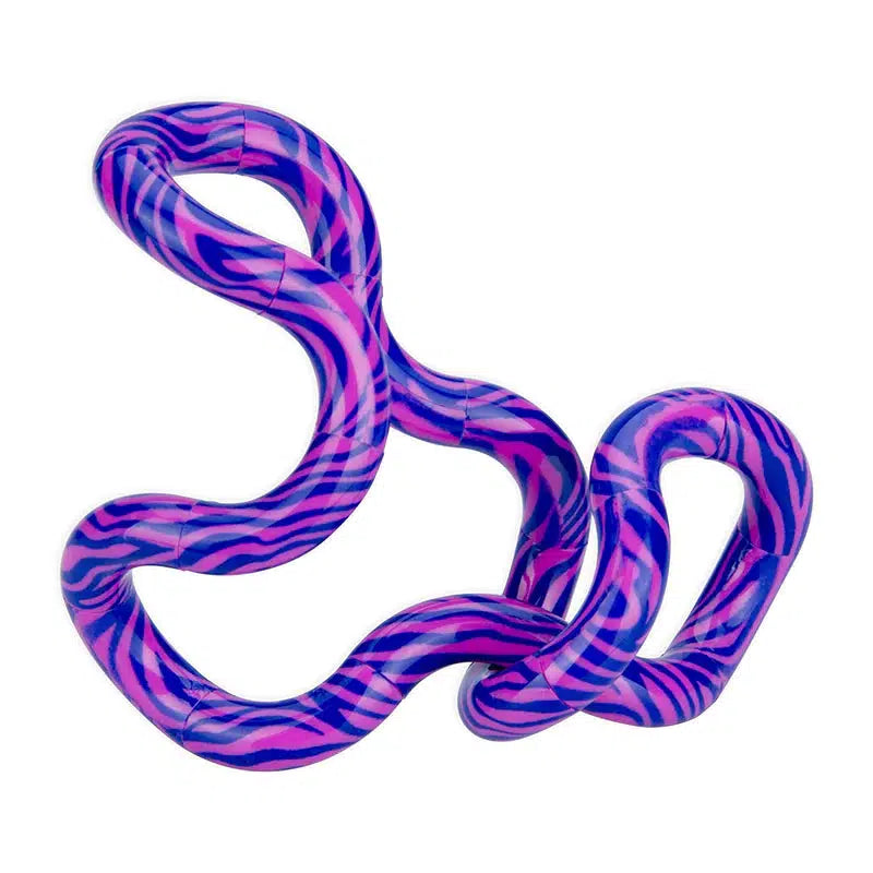 A zebra patterened tangle, though instead of black and white this tangle is pink with purple stripes.