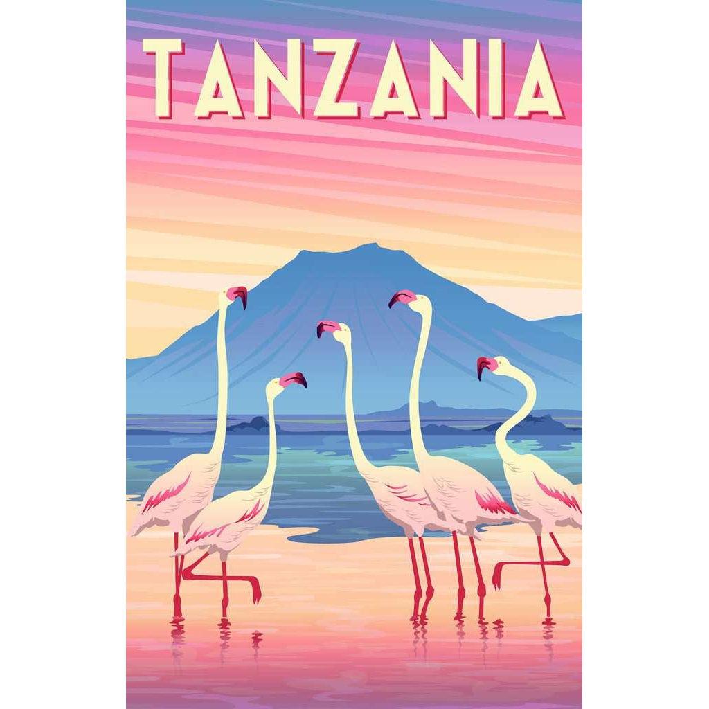 Puzzle image | Image is a simple illustration of flamingoes standing in water in front of a mountain at sunset. | Word at the top of the puzzle "TANZANIA".