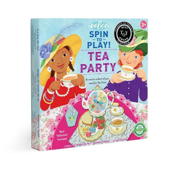 box image for the spin to play! tea party!. two girls are smiling on the box while sipping on tea with a spinner as the teapot\