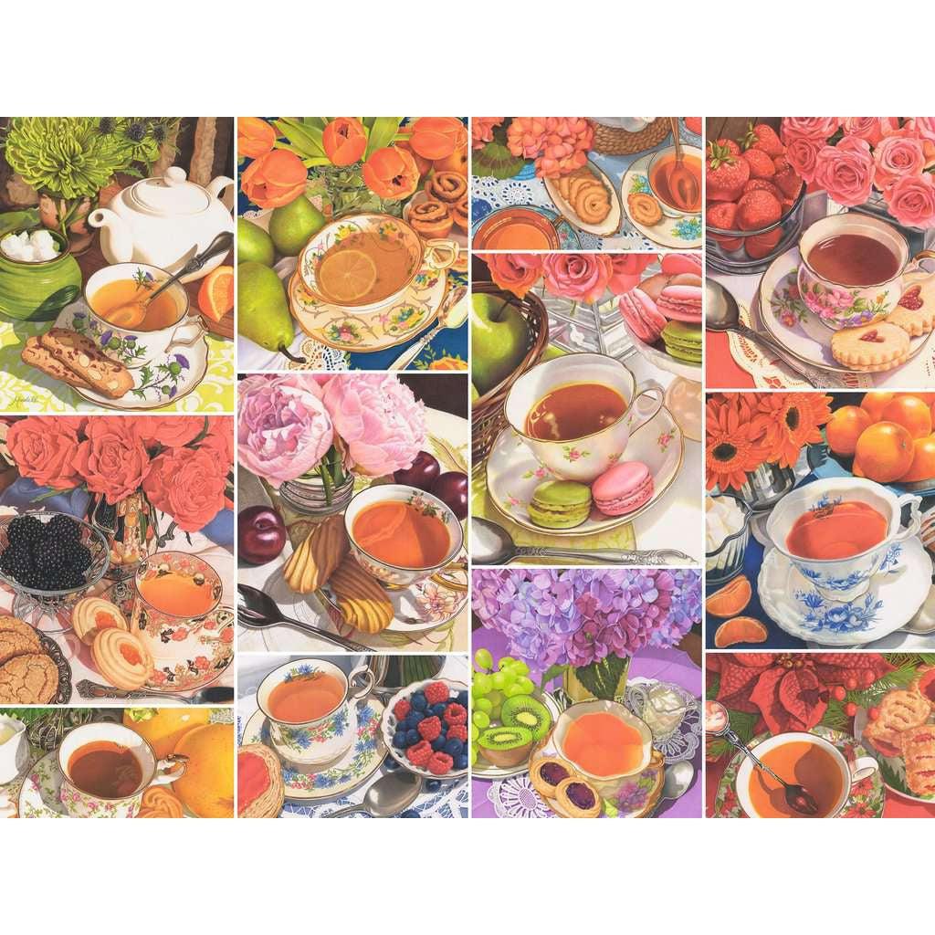 Puzzle is a collage containing illustrations of different teacup, flower, and dessert pairings. 12 pictures in all.