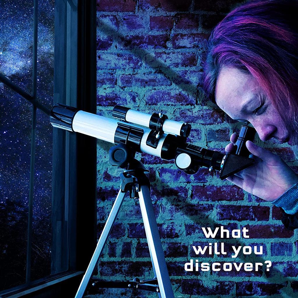 Stylized image of woman looking through telescope at a night sky.