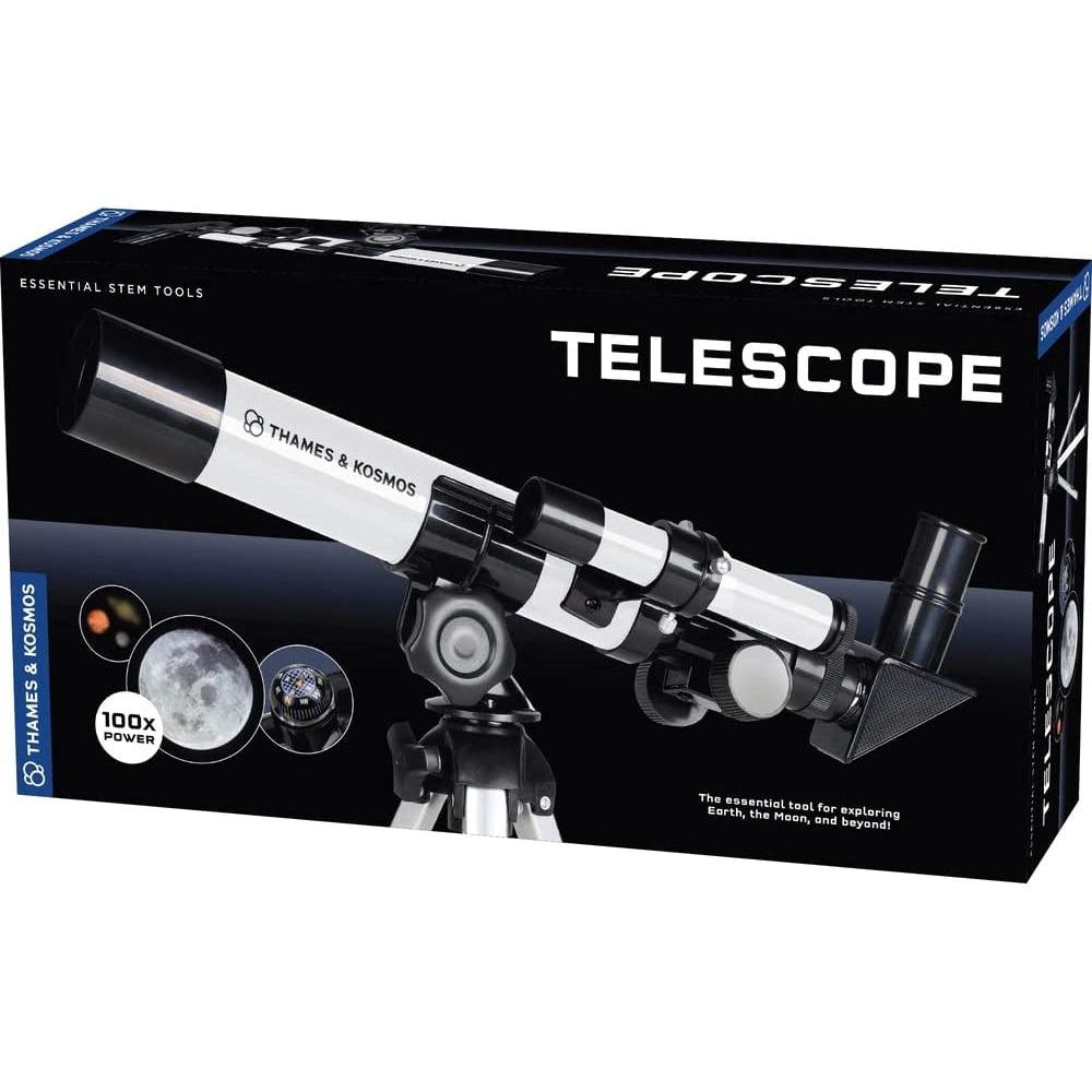 Telescope in packaging | Box is black with image of telescope. | Special features are highlighted in circles at the bottom left corner.