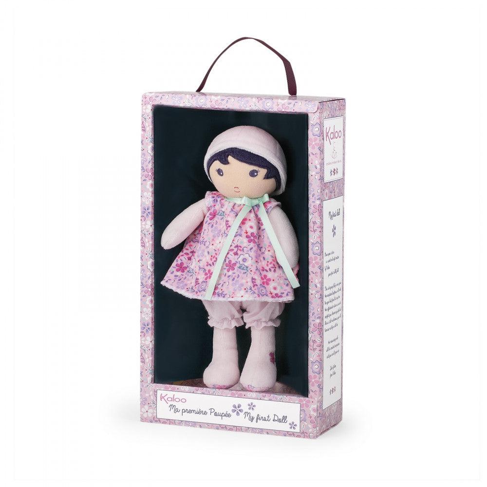 The doll comes in an open faced cardboard box with a pink floral print covering it.