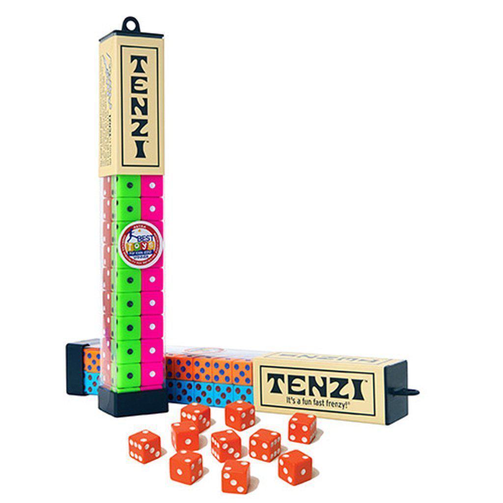 image shows tenzi dice. the label says "its a fun and fast frenzy" llots of dice, 4 colors total are in each box.