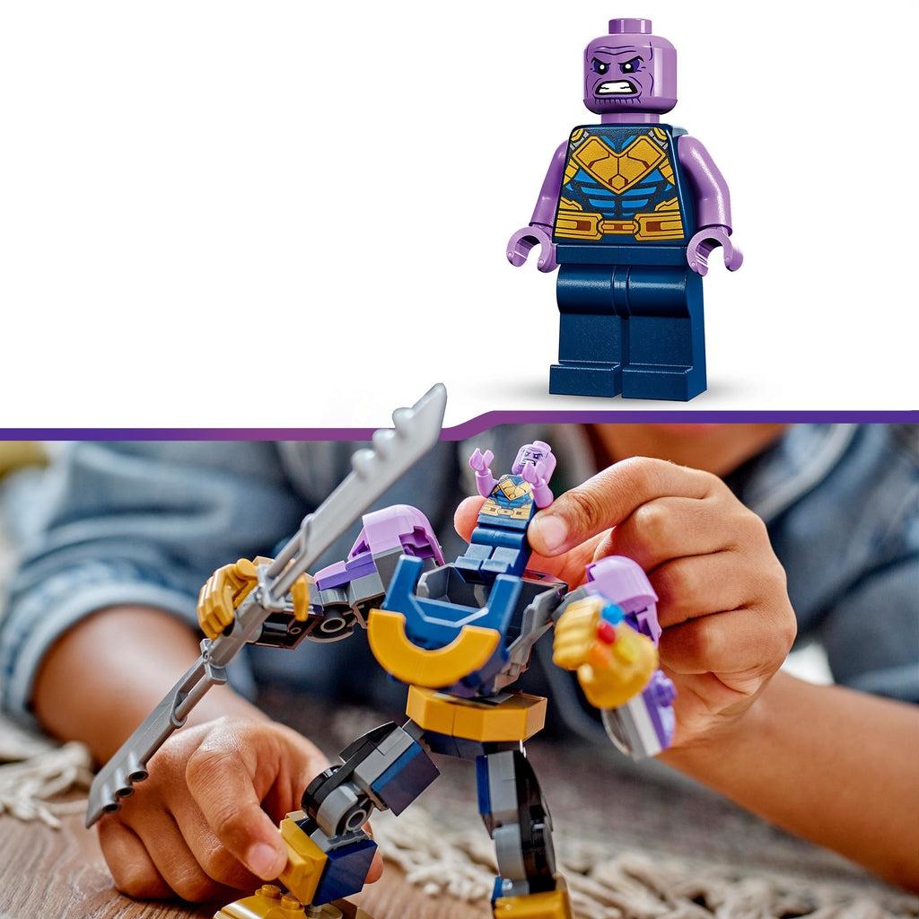 top image: the thanos minifigure, styled after his look in avengers infinity war | bottom image: a child places the thanos figure into the cockpit of the mech.