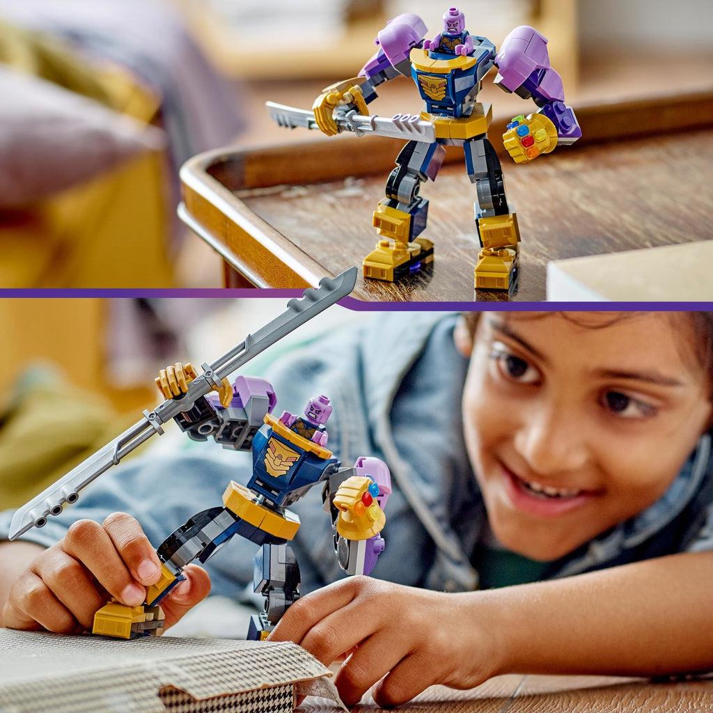 top image: the figure in the mech suit on a tabletop | bottom image: a child plays with the mech suit and figure