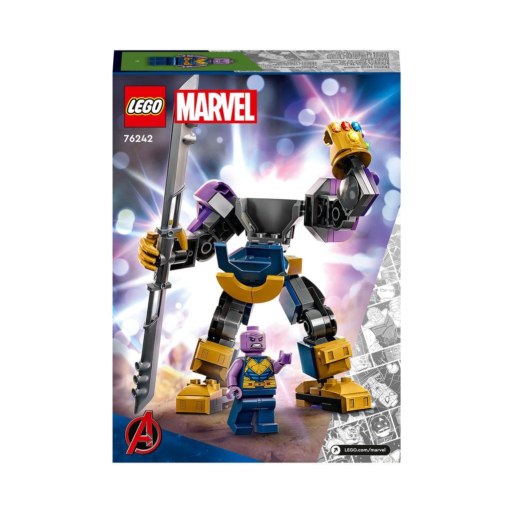the back of the box shows the thanos figure standing in front of the mech suit, the mech has the gauntleted fist raised up