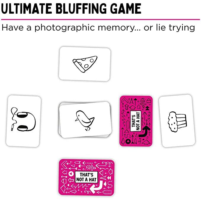 Text reads: Ultimate bluffing game, have a photographic memory... or lie trying | Image shows 5 stacks of cards with one in the center and one stack on each side, with another stack to the right. 4 stacks are face up showing various items