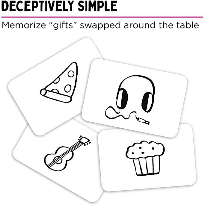 Text reads: Deceptively simple, Memorize "gifts" swapped around the table | 4 cards are shown with images of pizza, headphones, guitar, and a muffin all in black and white.