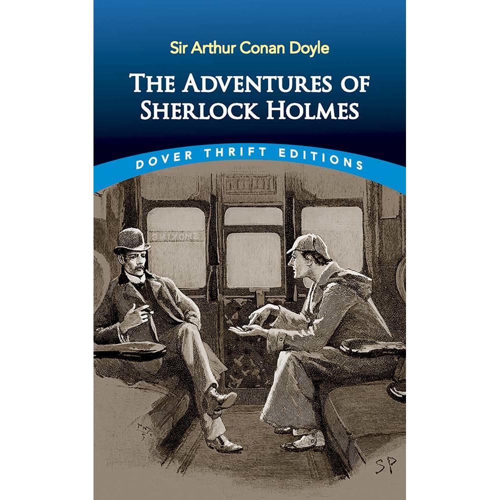 Image of the cover for The Adventures of Sherlock Holmes book. On the cover is an old-timey sepia illustration of Holmes and Watson on a train