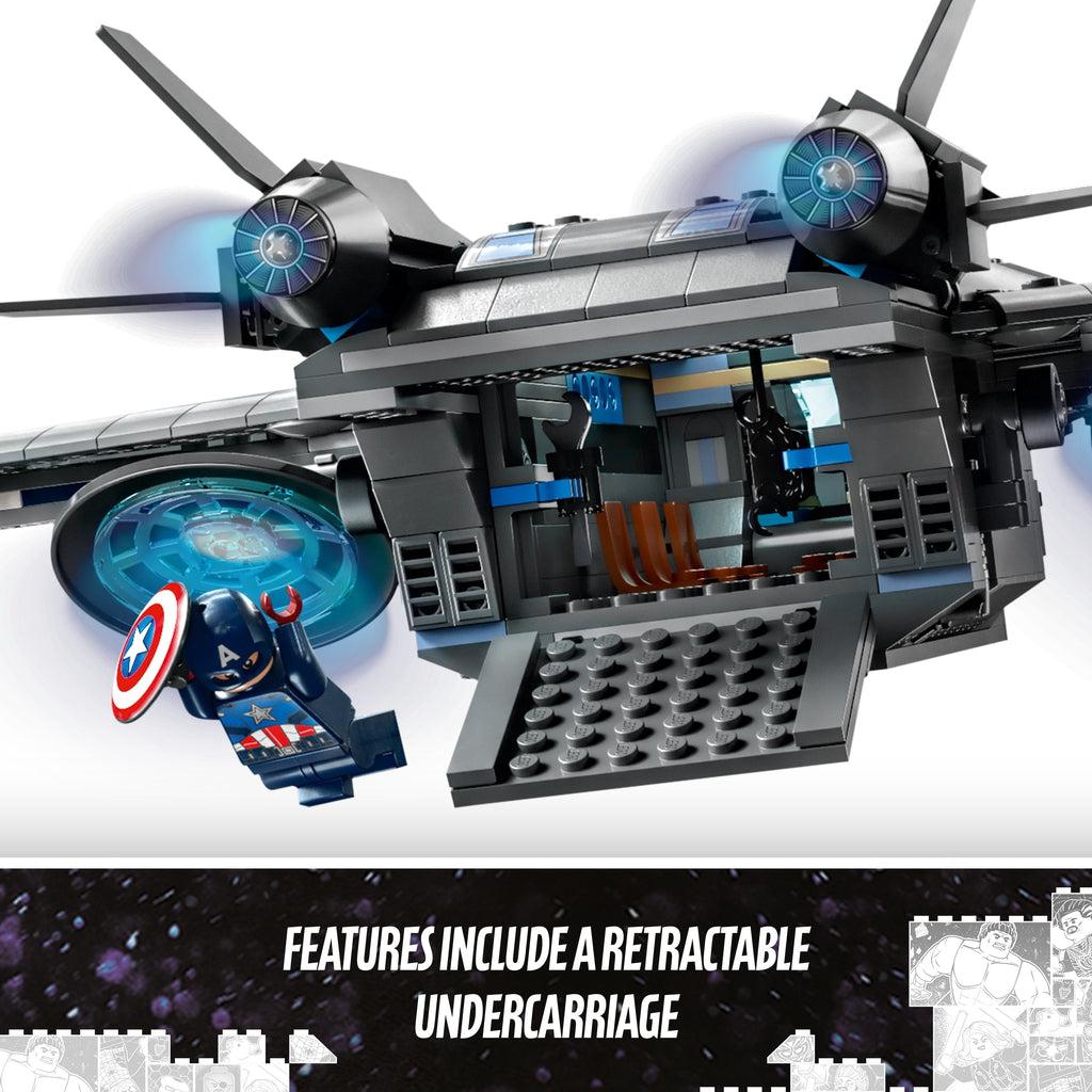 captain america lego minifigure is shown jumping out the back of the quinjet | Image reads: Features include a retractable undercarriage