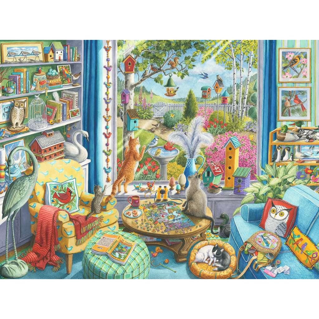 Puzzle image | Illustration of a living sitting room decorated with bird decor and a large window. Multiple cats sit and stare out the window at a cluster of bird houses in the yard beyond. Other cats sleep in beds or sit on furniture in the living room amongst a clutter of items.