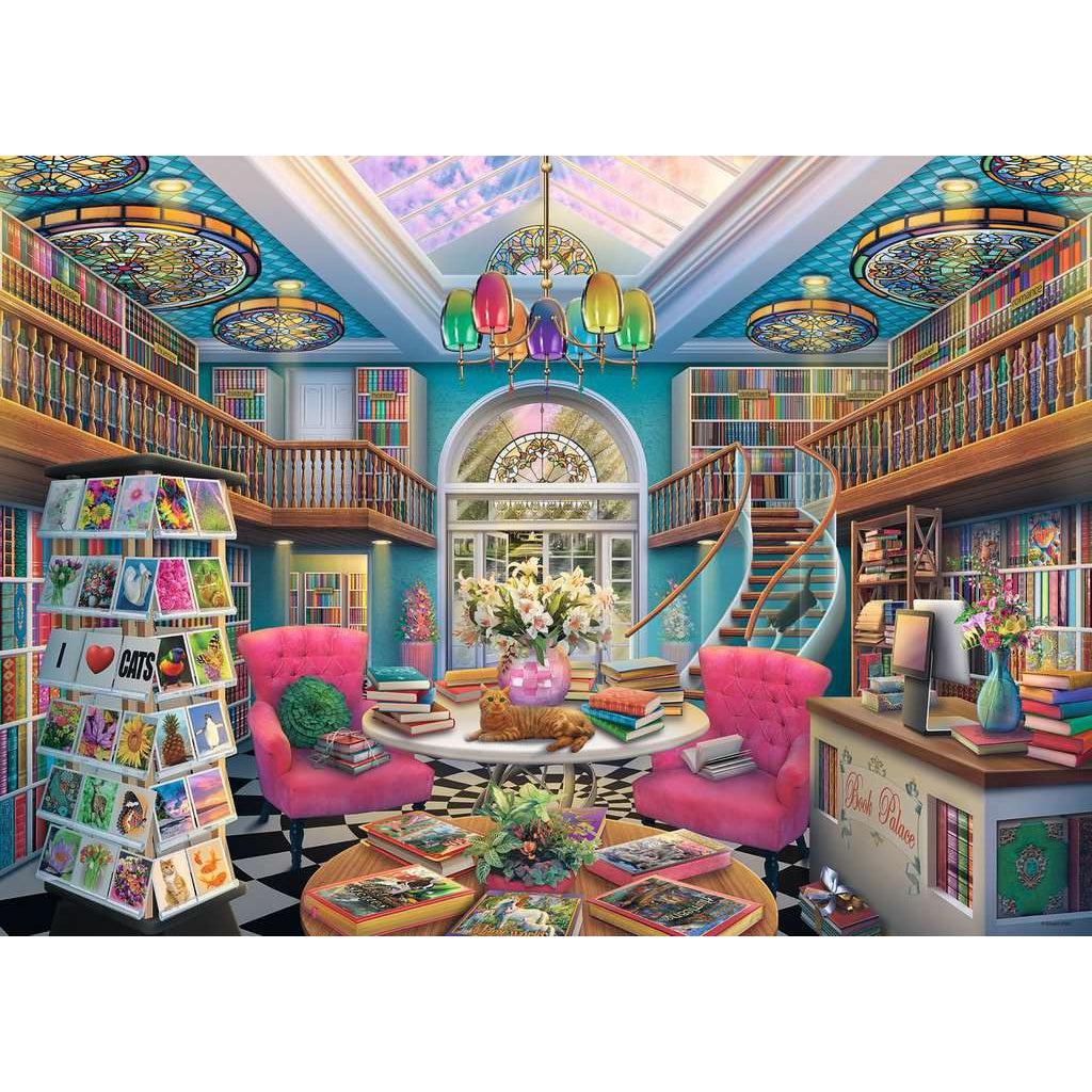 Image of puzzle | Illustration of the interior of an eccentric bookstore | Colorful light fixtures and booms surround a sitting area with pink armchairs