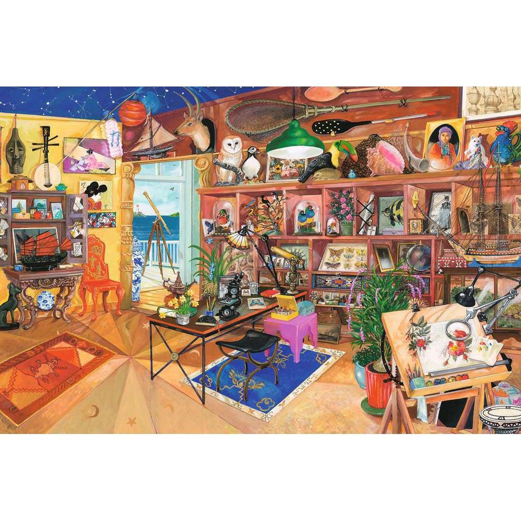 Puzzle is of a collector's room featuring items from many different countries and cultures. There are artifacts, paintings, taxidermy, and model ships.