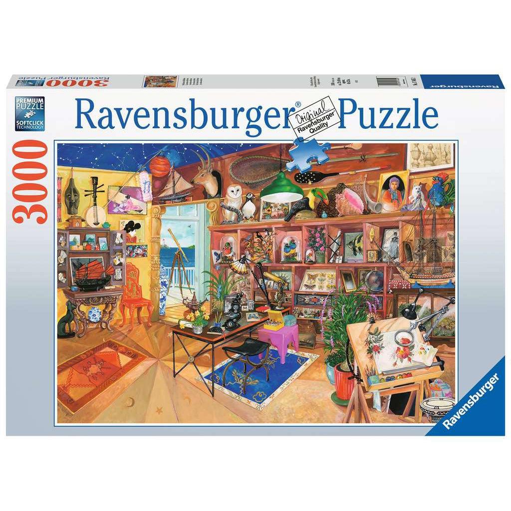 Image shows front of puzzle box. It has information such as brand name, Ravensburger, and piece count (3000pc). In the center is a picture of the finished puzzle. Puzzle described on next image.