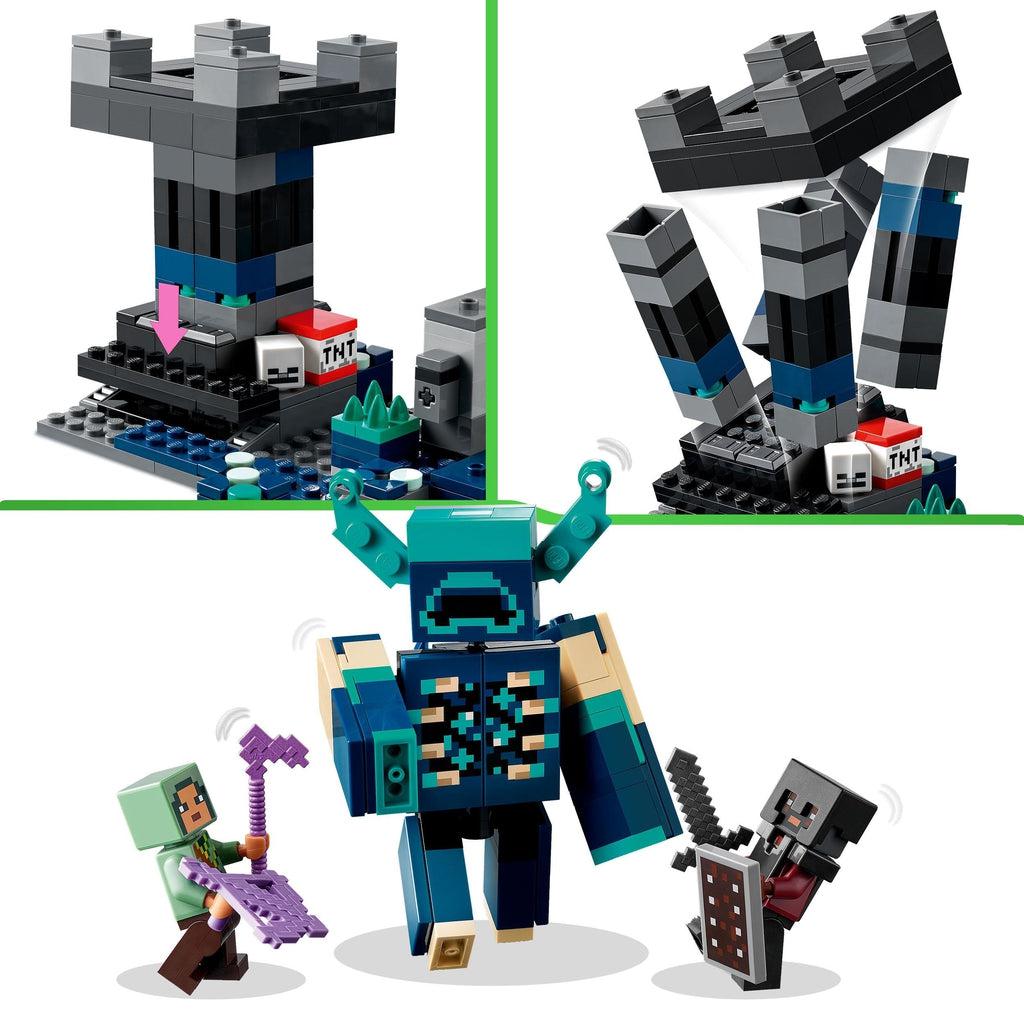 An image shows how pressing a block on the side will cause the pillar structure at the side of the set to pop apart. Below is an image of the two minifigures getting ready to fight the warden with their weapons (an enchanted crossbow and hoe for one and a sword and shield for the other)